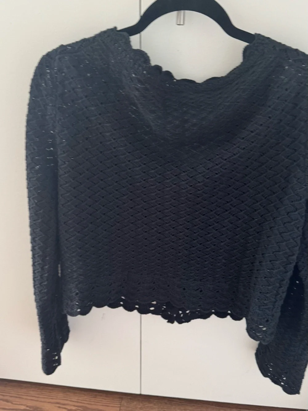 J. Crew Black Crocheted Scallop-Trim Cardigan with Gold Button (M)